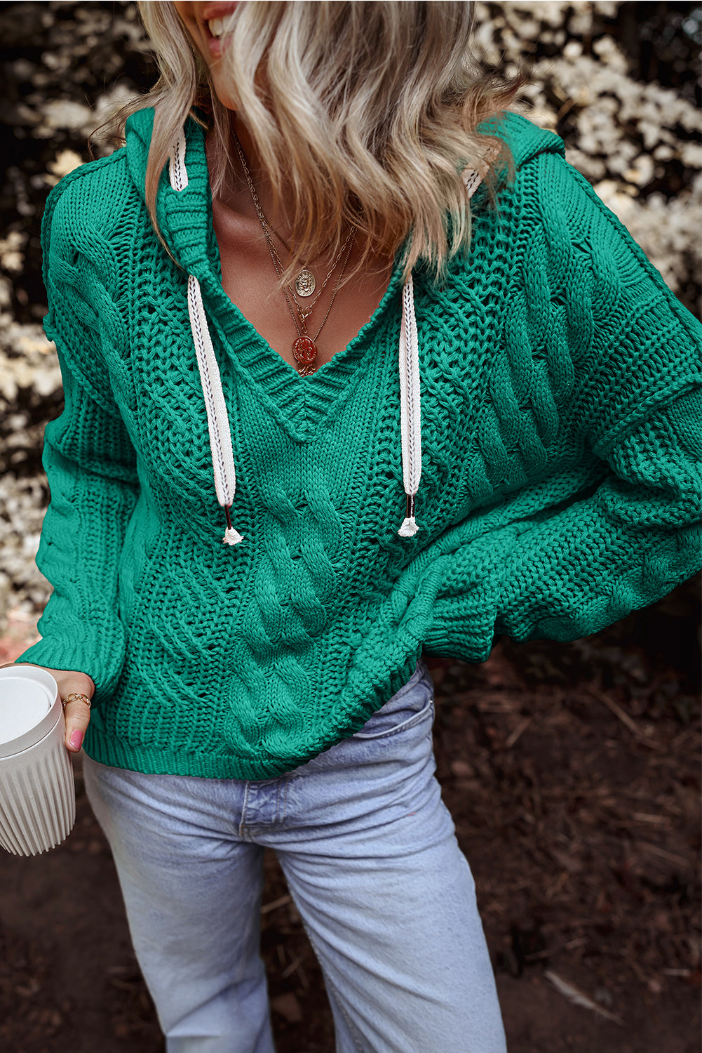 Cable Knit V Neck Hooded Sweater