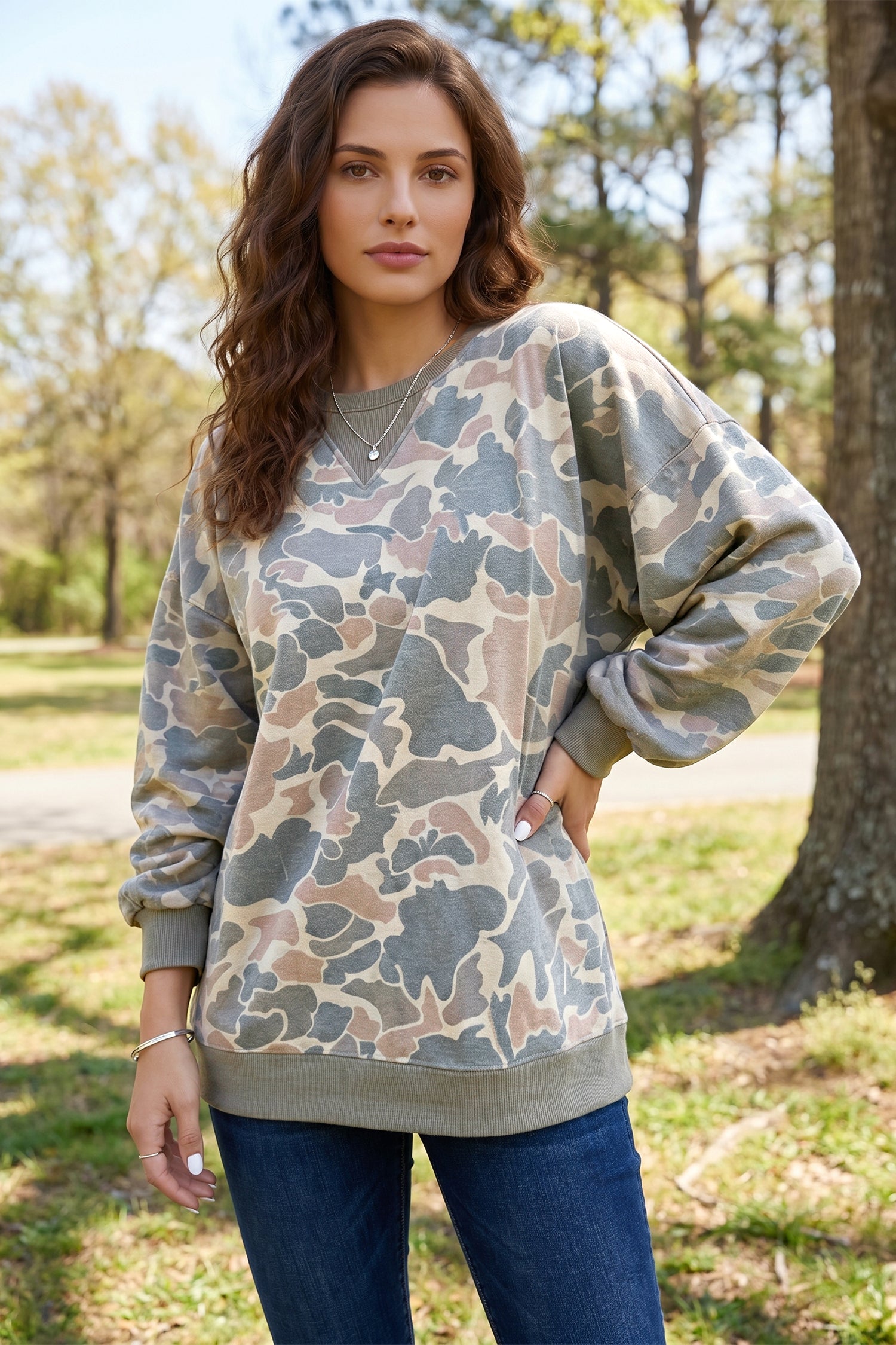 Camo Print Ribbed Trim Pullover Sweatshirt