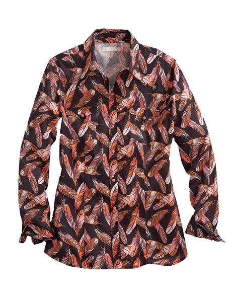 Women's Grey Feather Print Snap Shirt