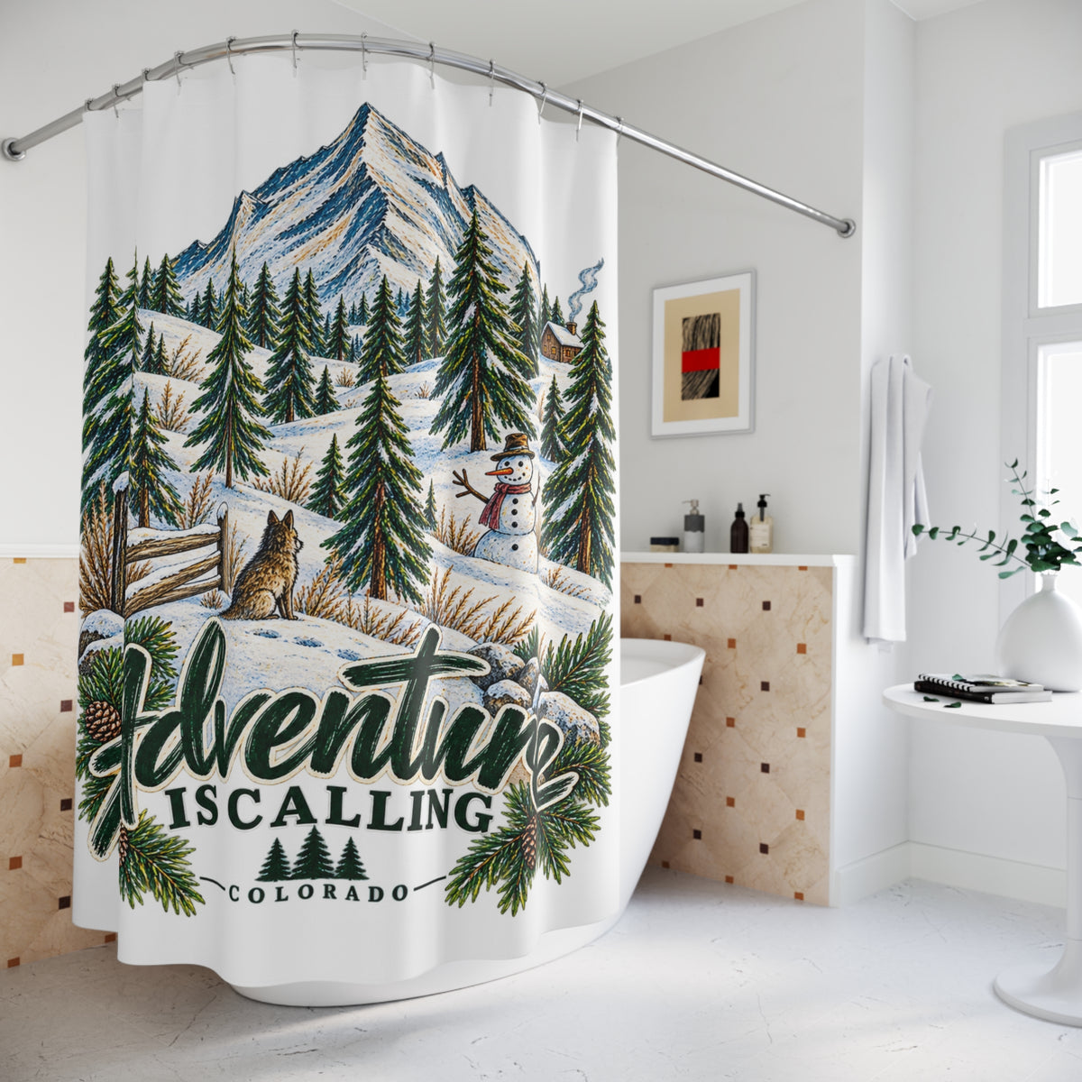 Adventure Is Calling Colorado Shower Curtain — Winter Mountain Pine Forest Bathroom Décor