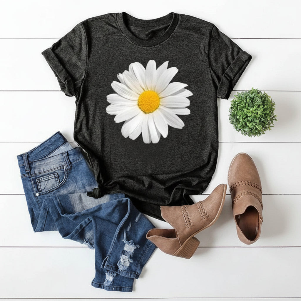 Dark gray t-shirt with a daisy graphic, paired with denim shorts and brown boots on a white wooden surface.