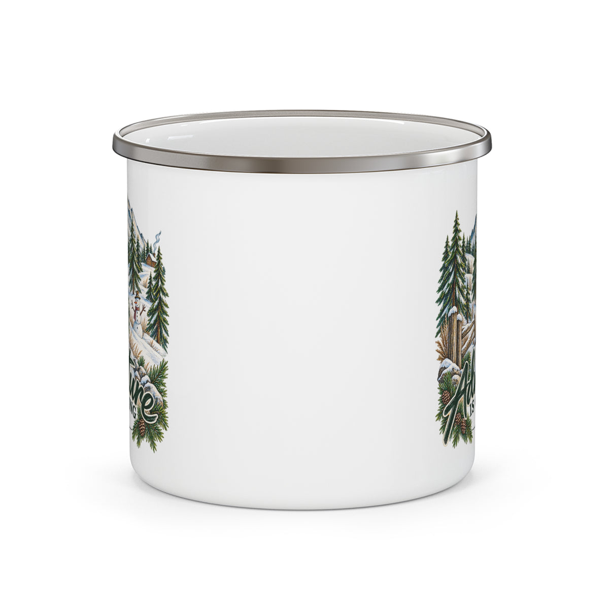 Enamel Camping Mug — "Adventure Is Calling" Mountain Campfire Travel Mug
