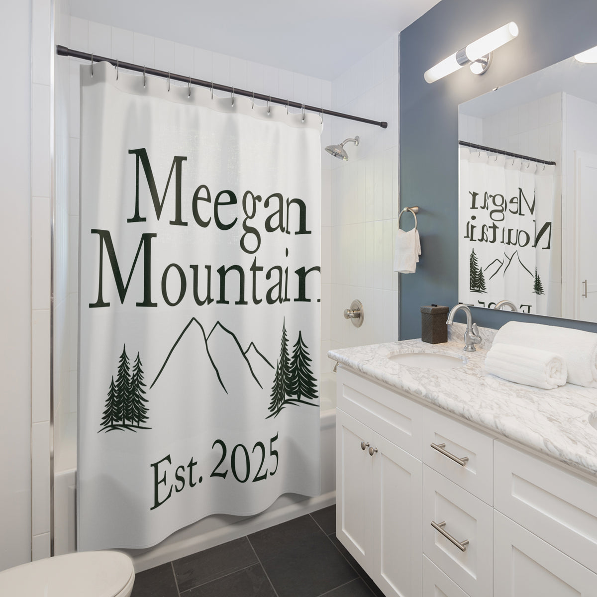Personalized Mountain Shower Curtain — "Meegan Mountain" Est. 2025