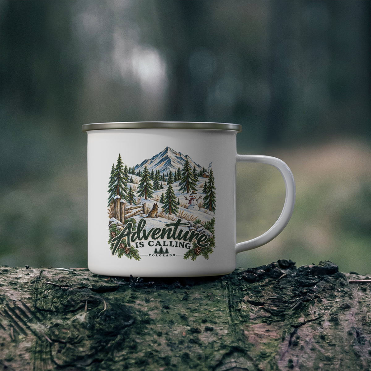 Enamel Camping Mug — "Adventure Is Calling" Mountain Campfire Travel Mug