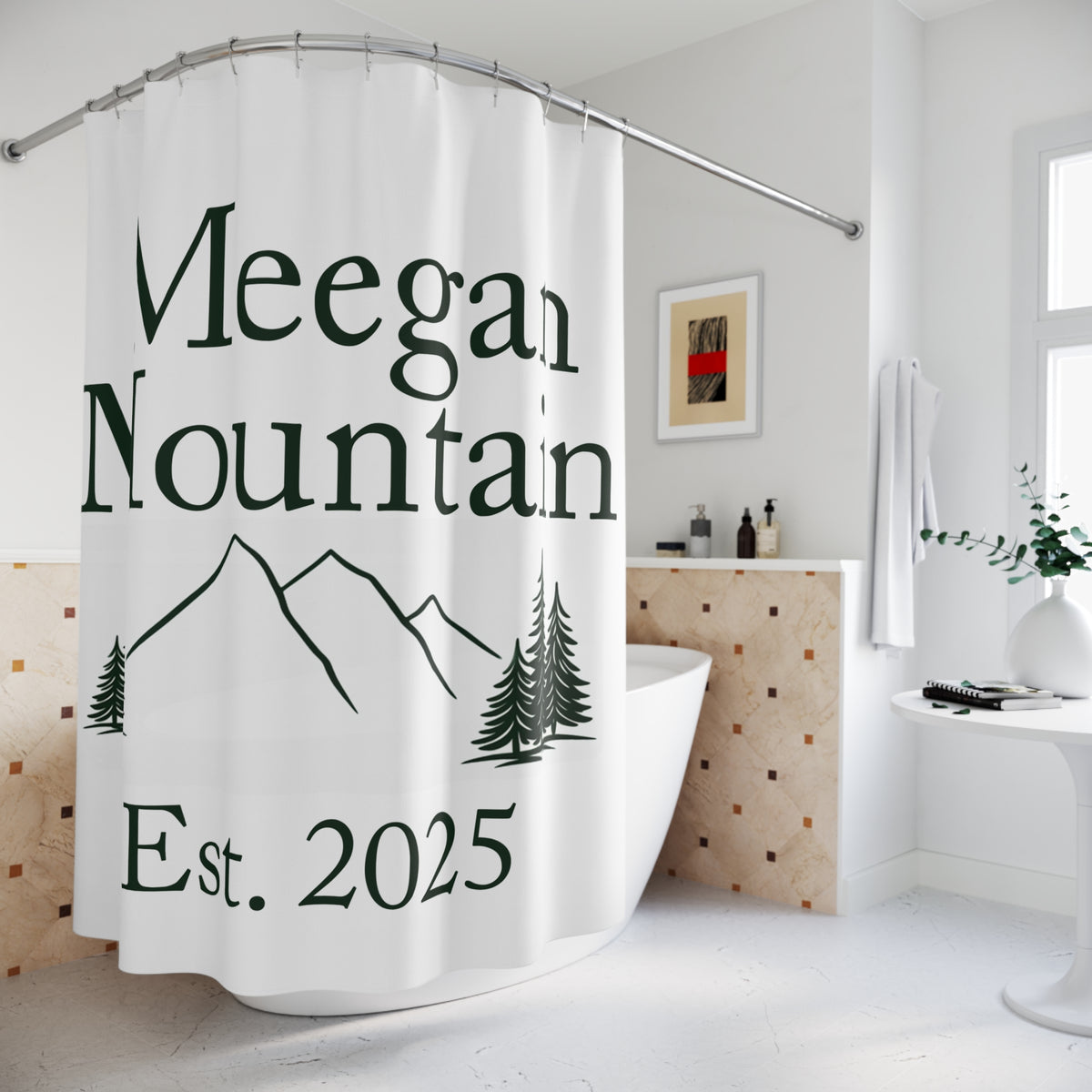 Personalized Mountain Shower Curtain — "Meegan Mountain" Est. 2025