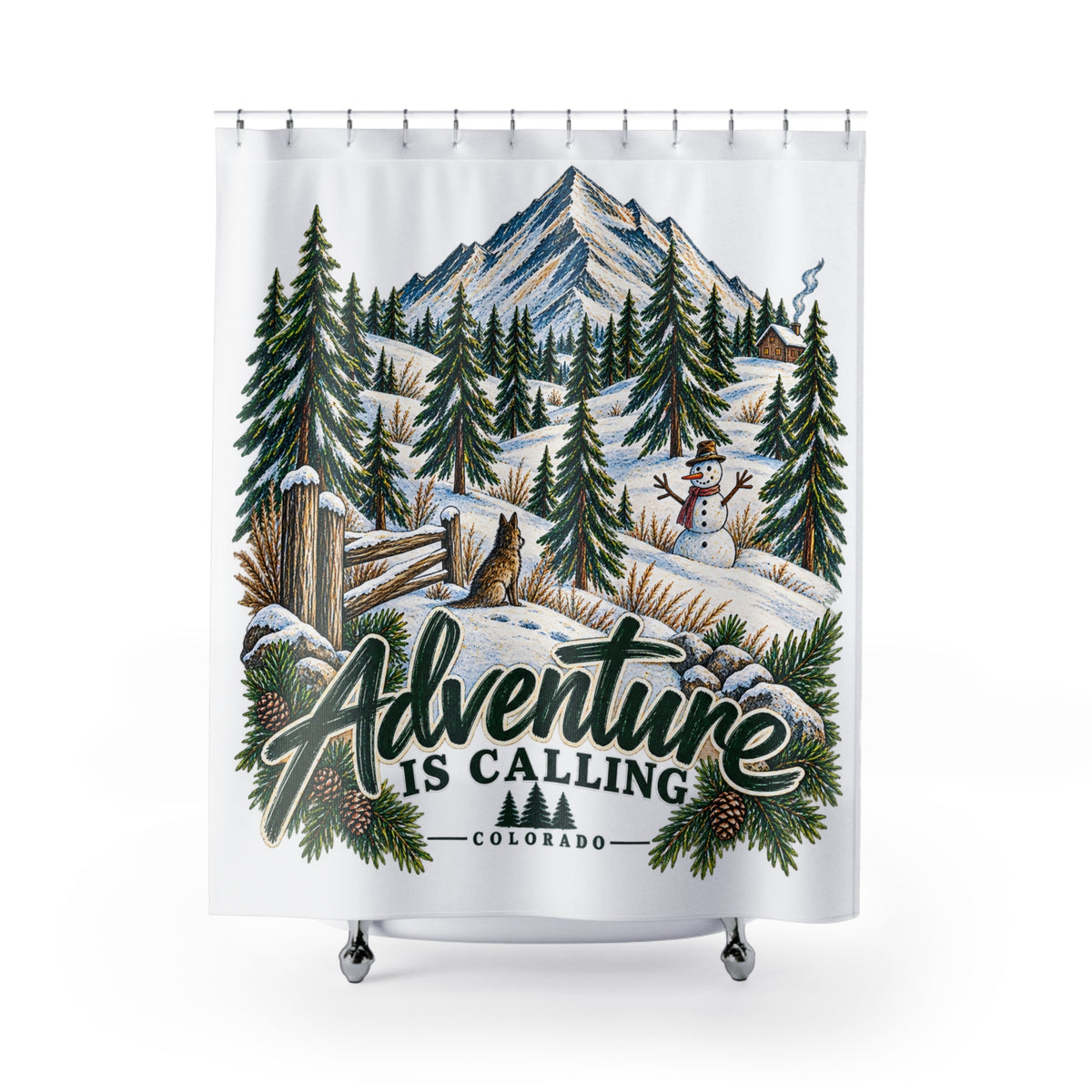 Adventure Is Calling Colorado Shower Curtain — Winter Mountain Pine Forest Bathroom Décor