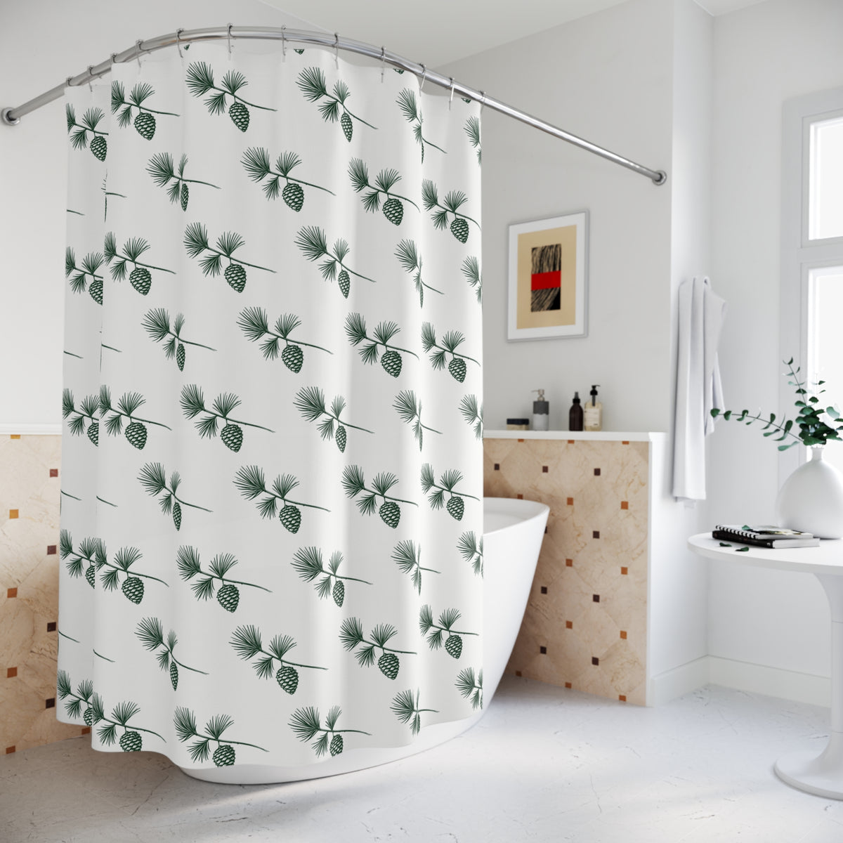 Pinecone Botanical Shower Curtain — Green Pinecone Pattern Bathroom Decor