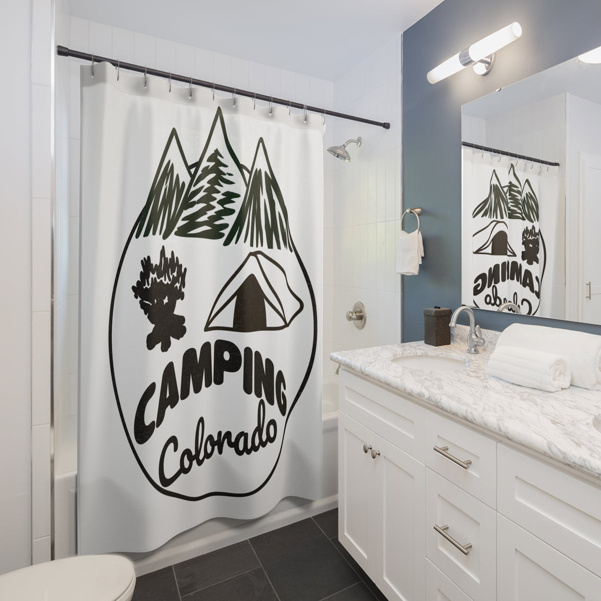 Camping Colorado Shower Curtain — Mountain Tent Bathroom Decor