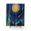 Starry Night Forest Shower Curtain — Moonlit Sky with Shooting Stars