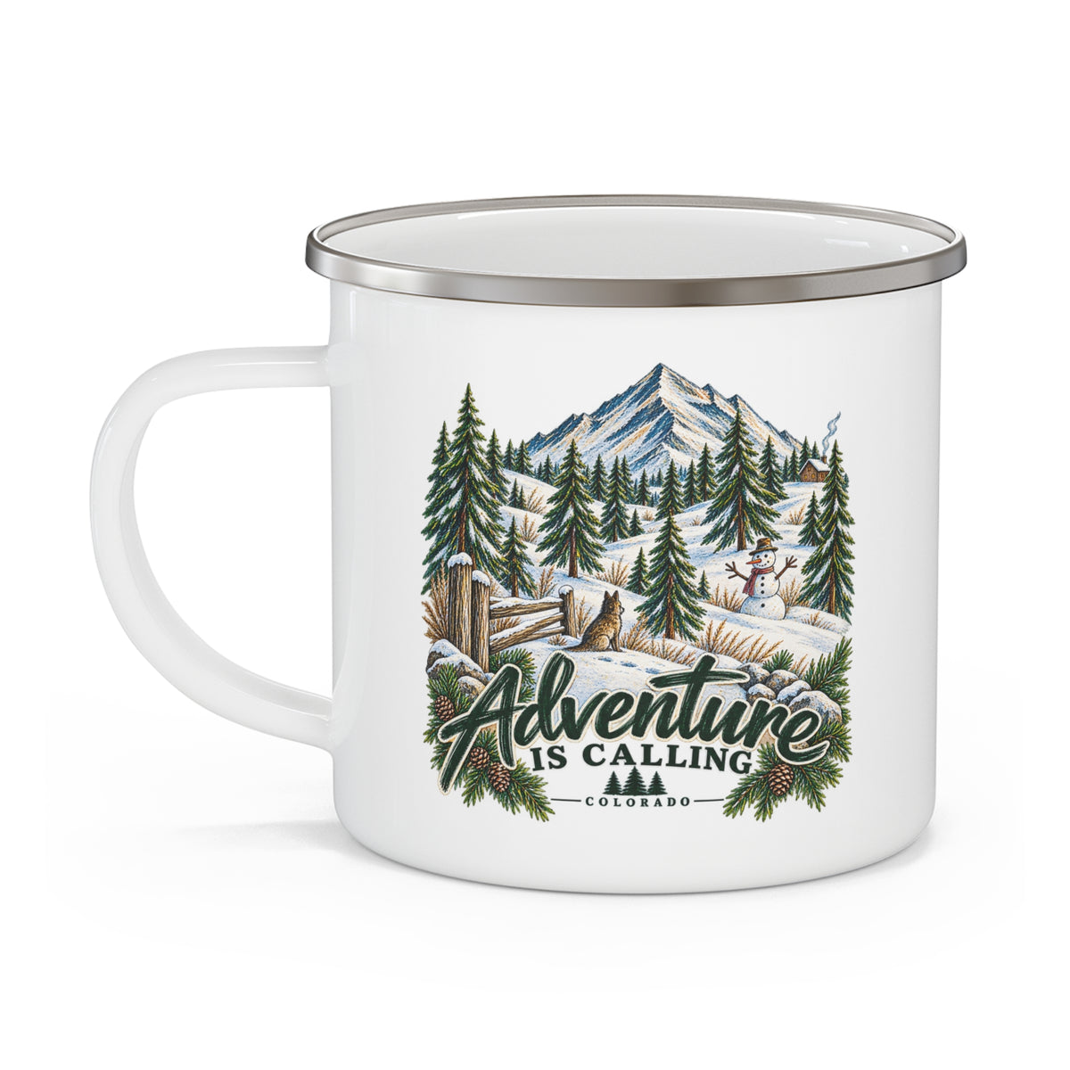 Enamel Camping Mug — "Adventure Is Calling" Mountain Campfire Travel Mug