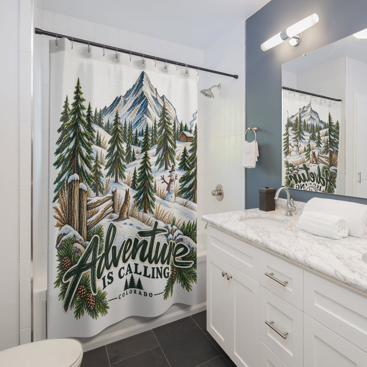 Adventure Is Calling Colorado Shower Curtain — Winter Mountain Pine Forest Bathroom Décor