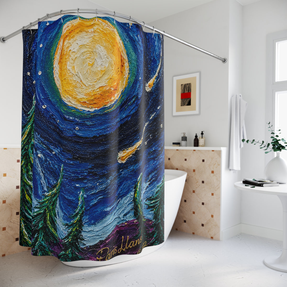 Starry Night Forest Shower Curtain — Moonlit Sky with Shooting Stars