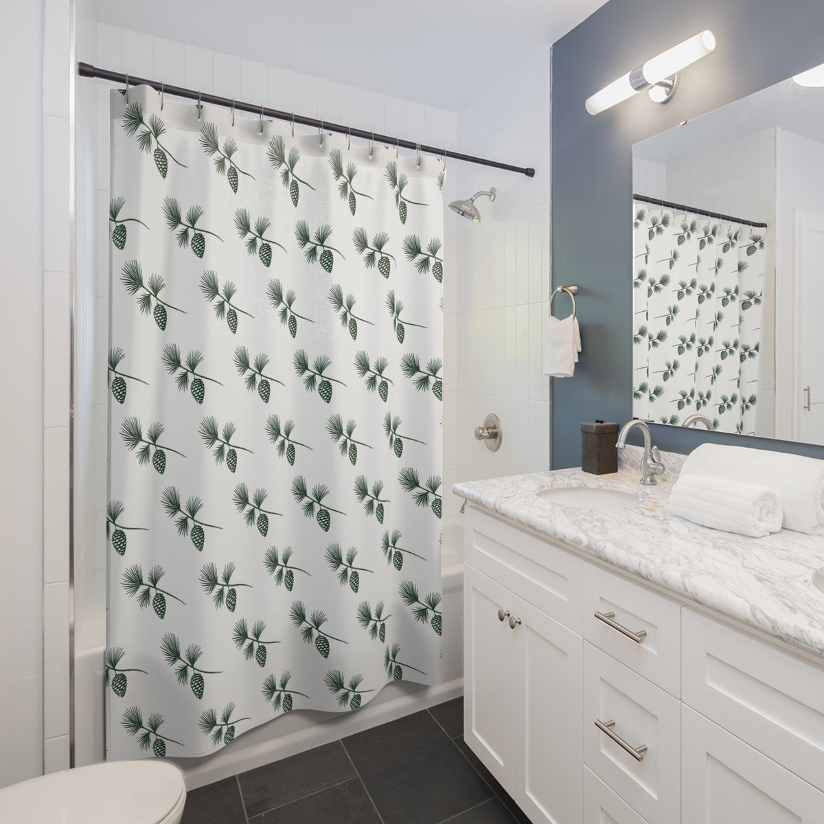 Pinecone Botanical Shower Curtain — Green Pinecone Pattern Bathroom Decor