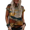 Woman wearing a colorful geometric-patterned shirt on a white background