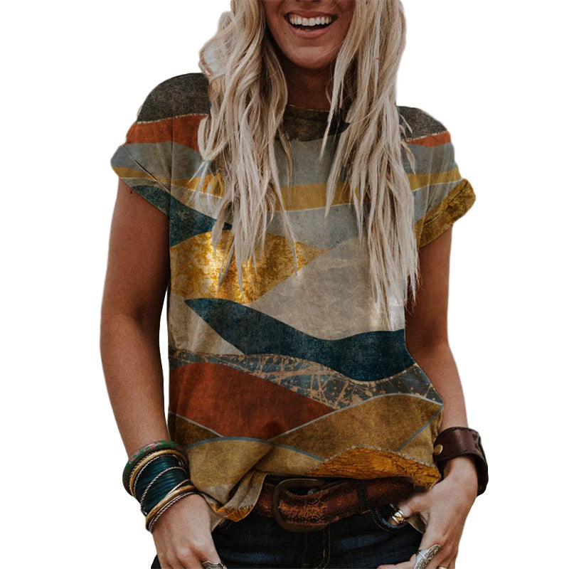 Woman wearing a colorful geometric-patterned shirt on a white background