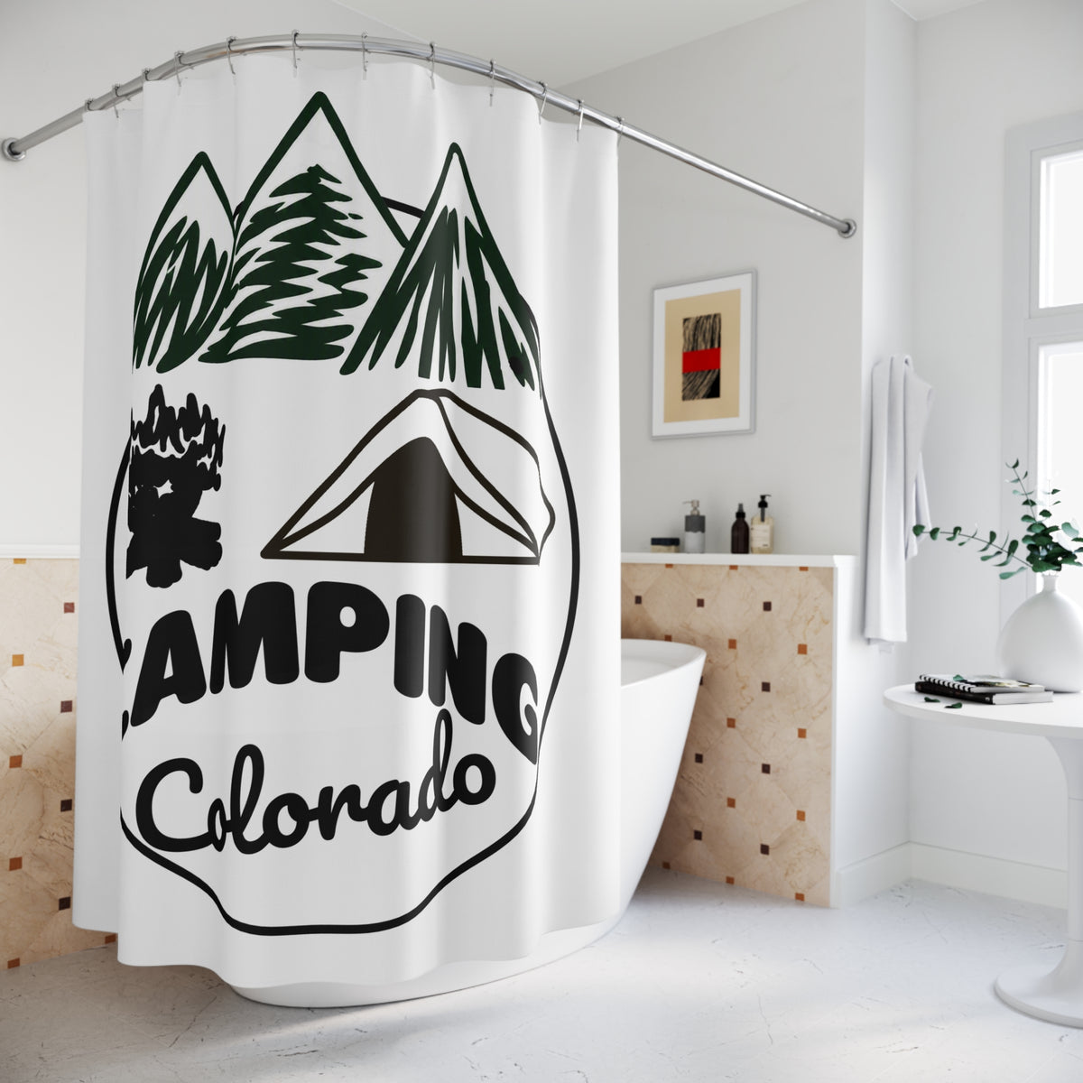 Camping Colorado Shower Curtain — Mountain Tent Bathroom Decor