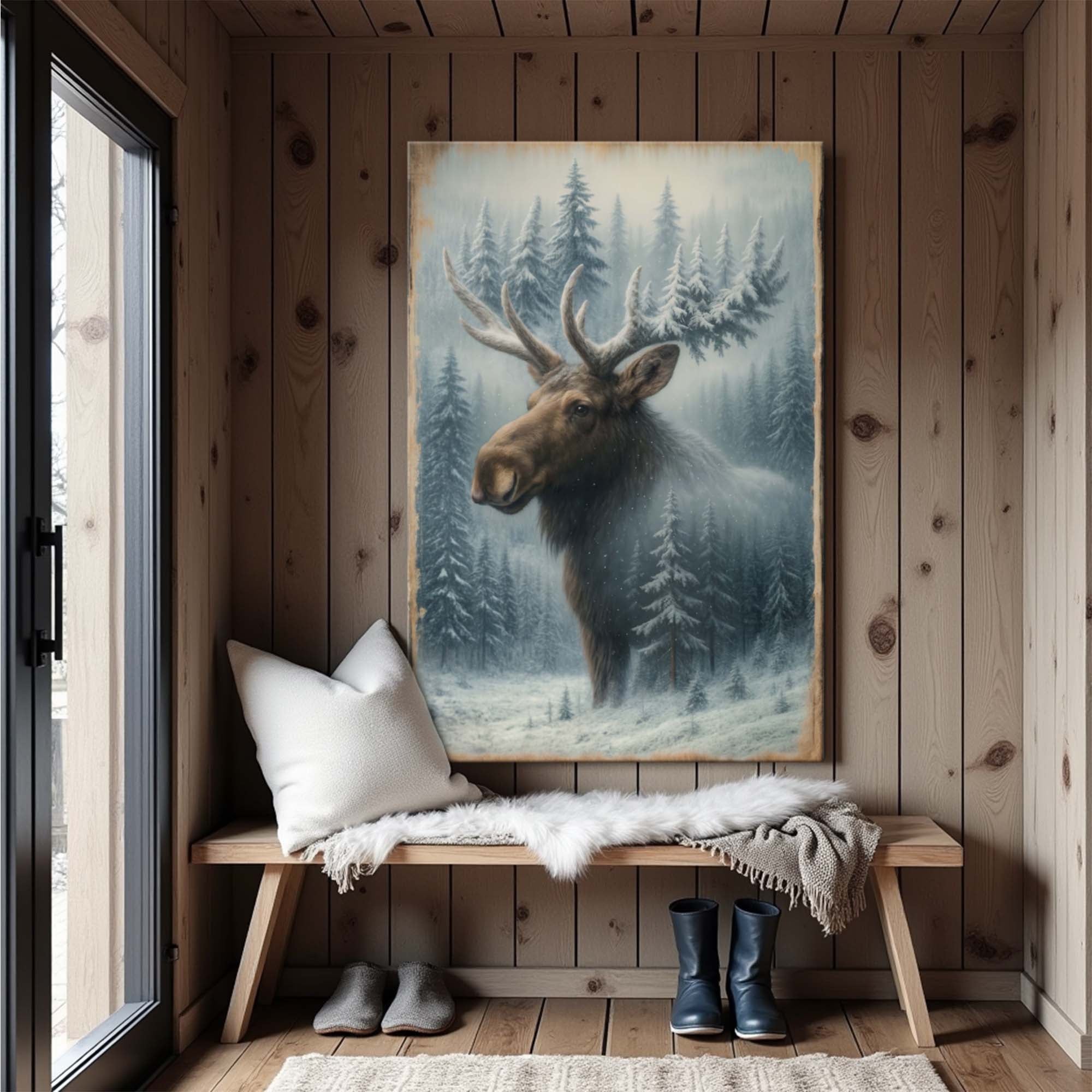 Snowy Forest Moose Double Exposure Canvas Wall Art