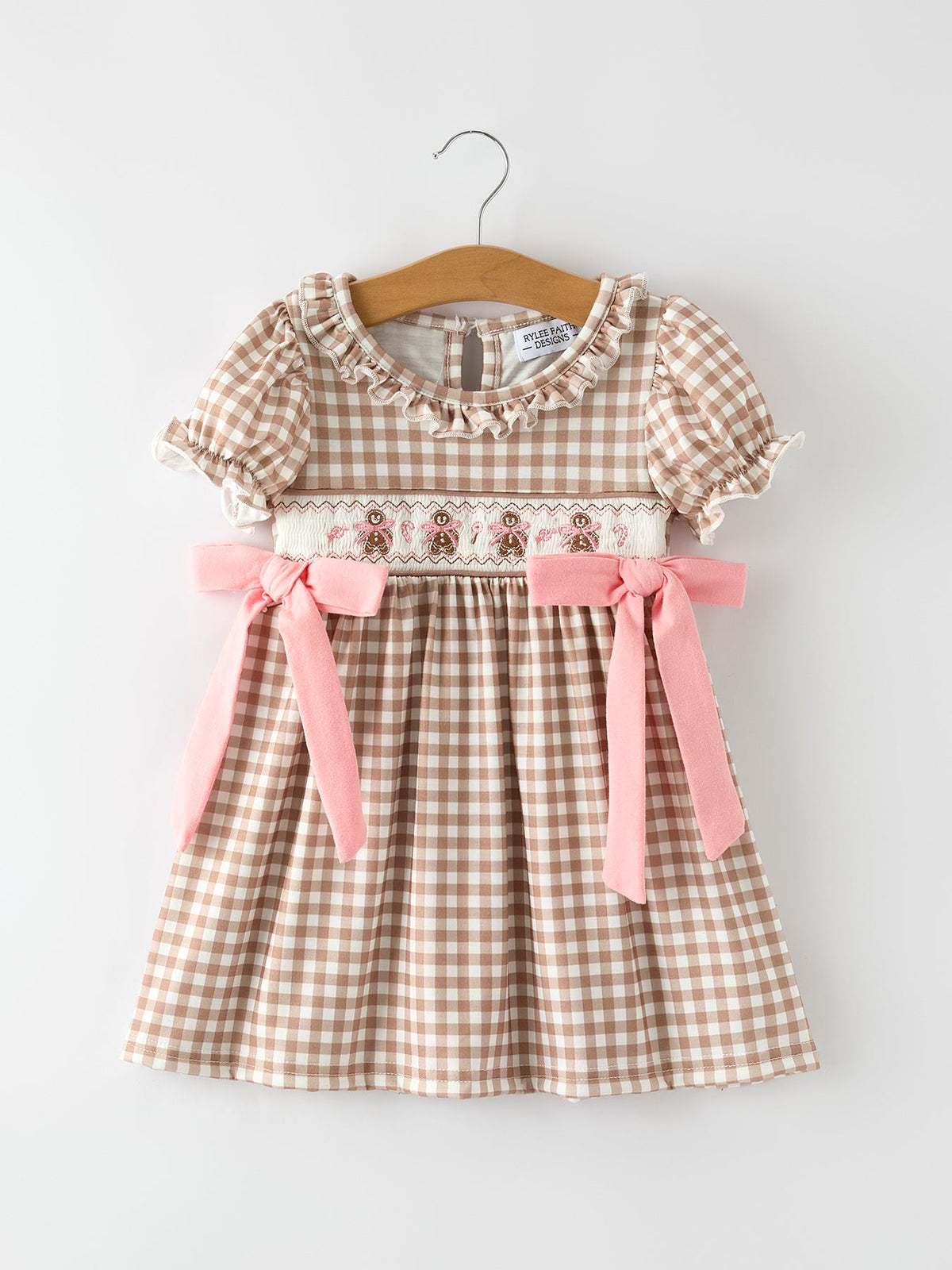 Girls' Christmas Plaid Dress | Gingerbread & Bow Embroidery