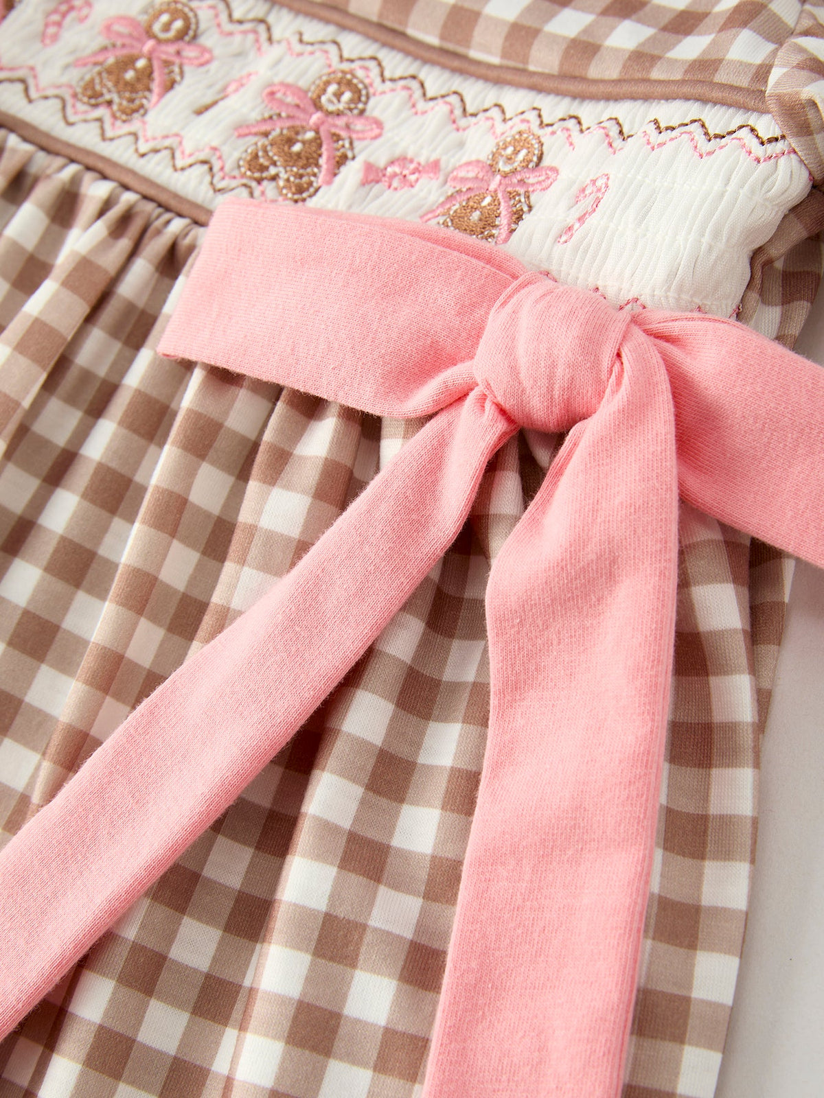 Girls' Christmas Plaid Dress | Gingerbread & Bow Embroidery