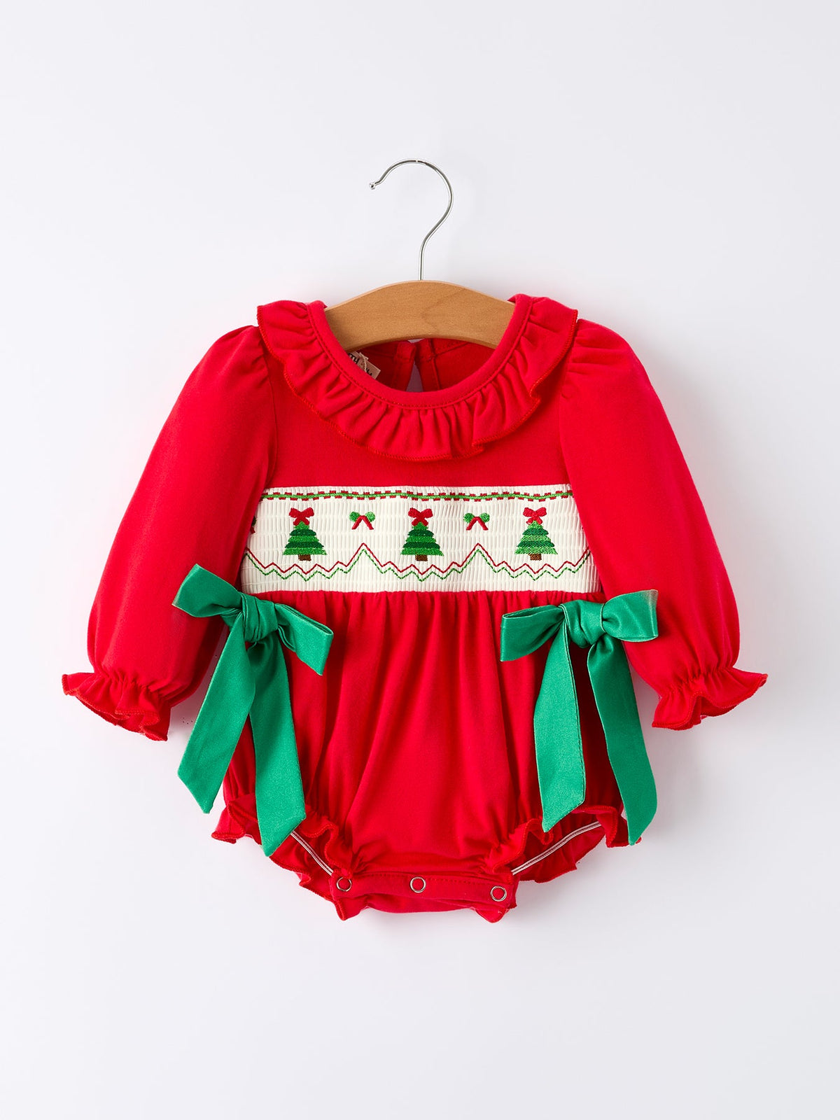 Baby Girls Christmas Tree Smocked Romper with Green Bows