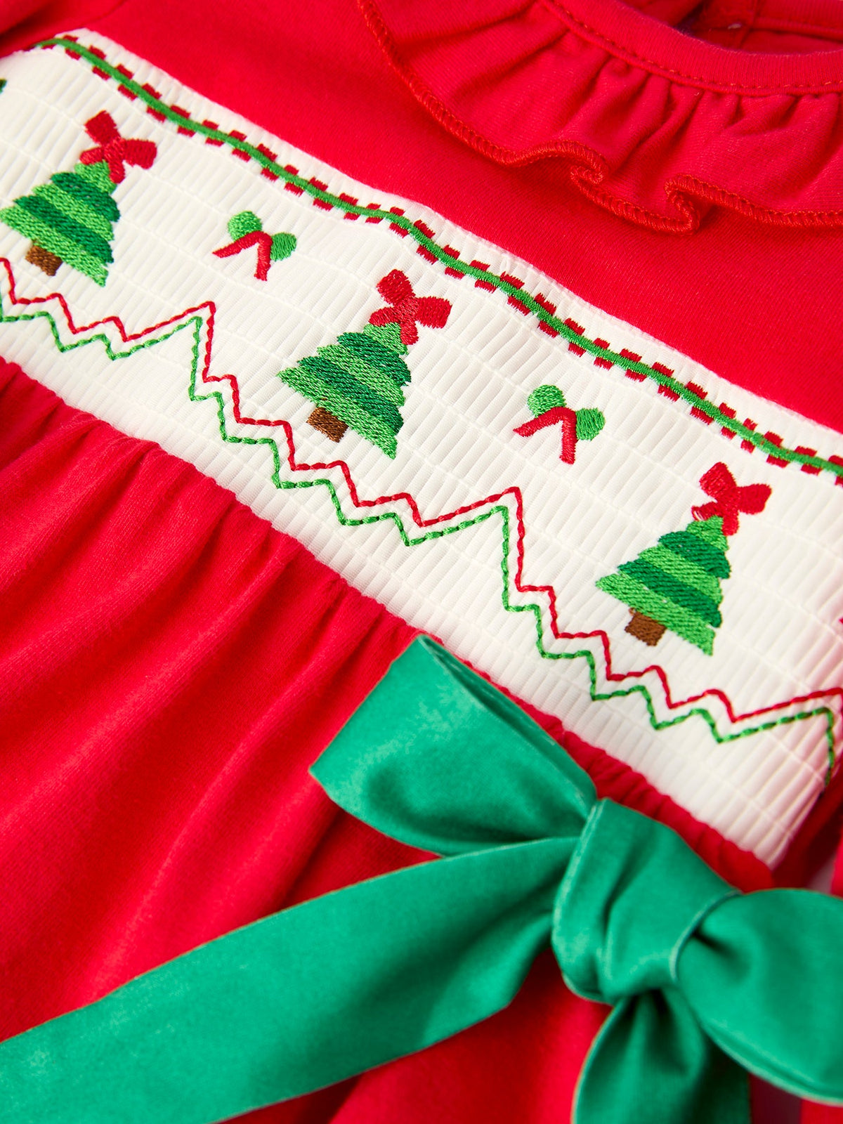 Baby Girls Christmas Tree Smocked Romper with Green Bows