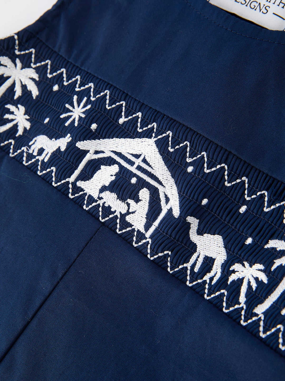 Baby Boys Navy Christmas Nativity Smocked Cotton Romper
