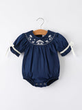 Baby Girls’ Navy Nativity Smocked Christmas Romper – 100% Cotton