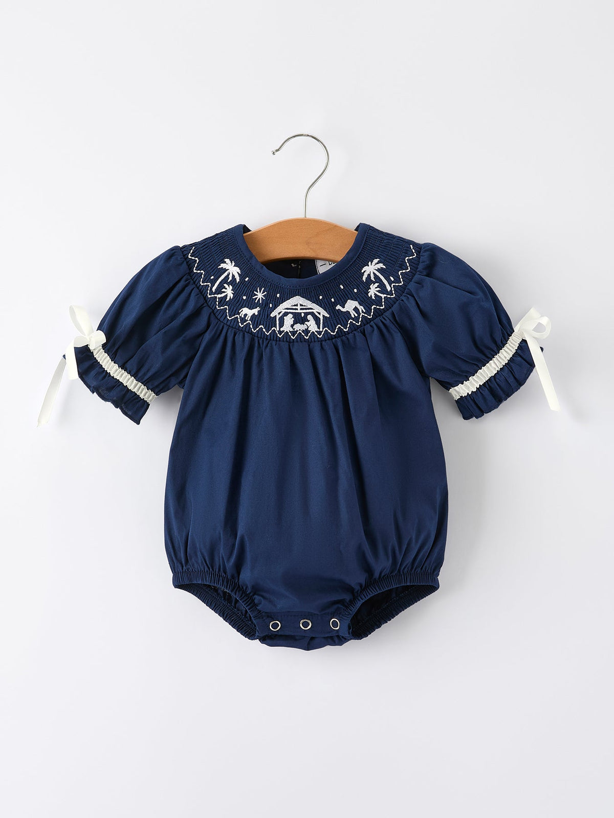 Baby Girls’ Navy Nativity Smocked Christmas Romper – 100% Cotton