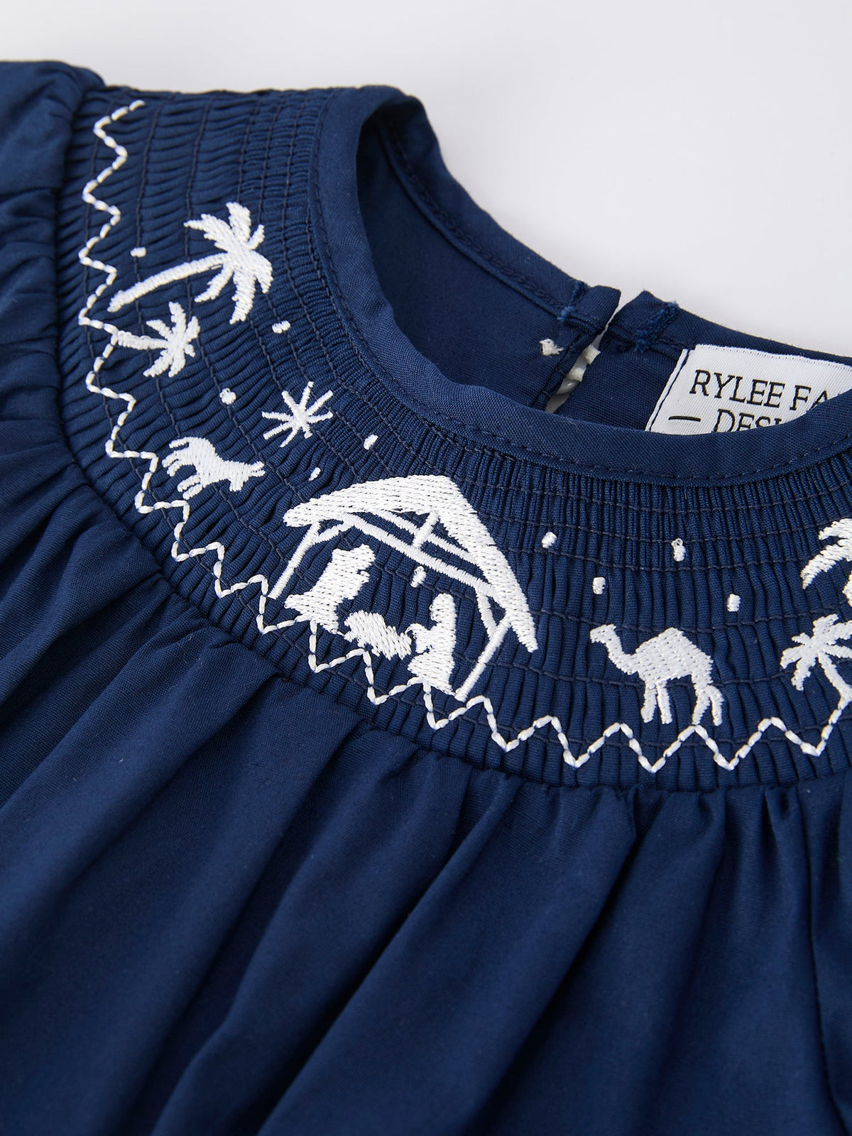 Baby Girls’ Navy Nativity Smocked Christmas Romper – 100% Cotton