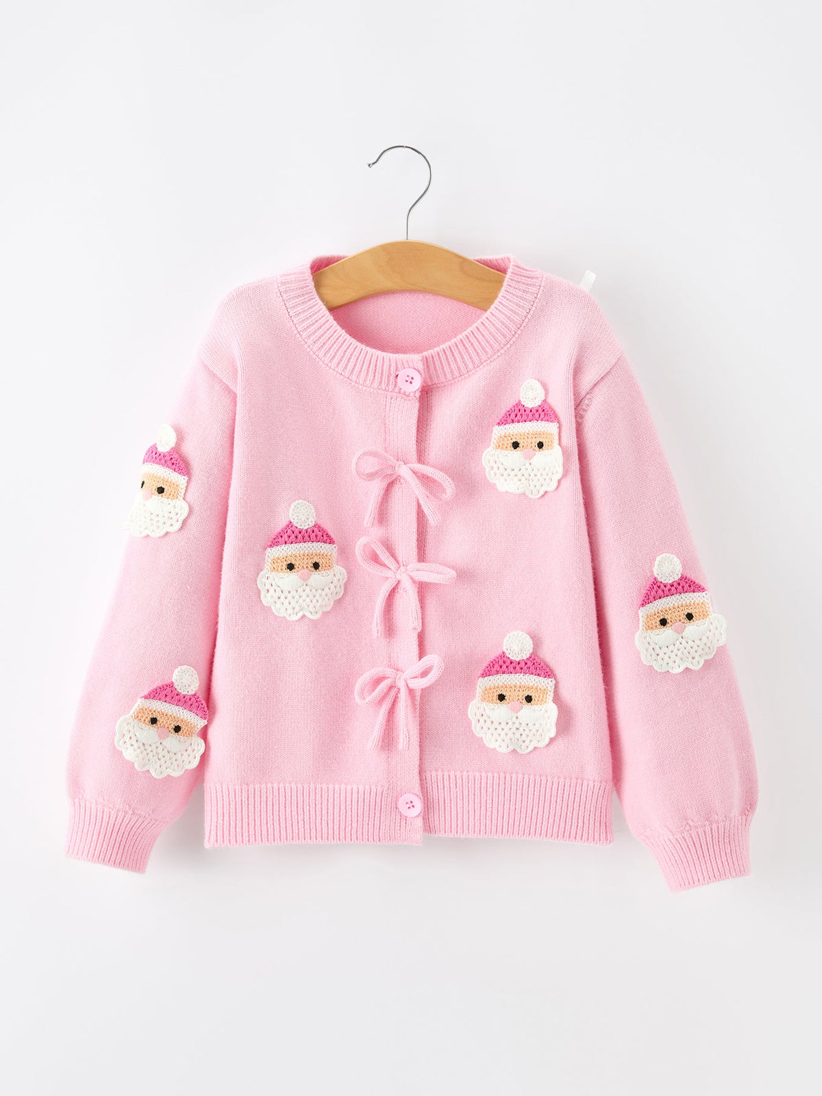 Girls’ Pink Santa Embroidered Bow-Tie Christmas Cardigan