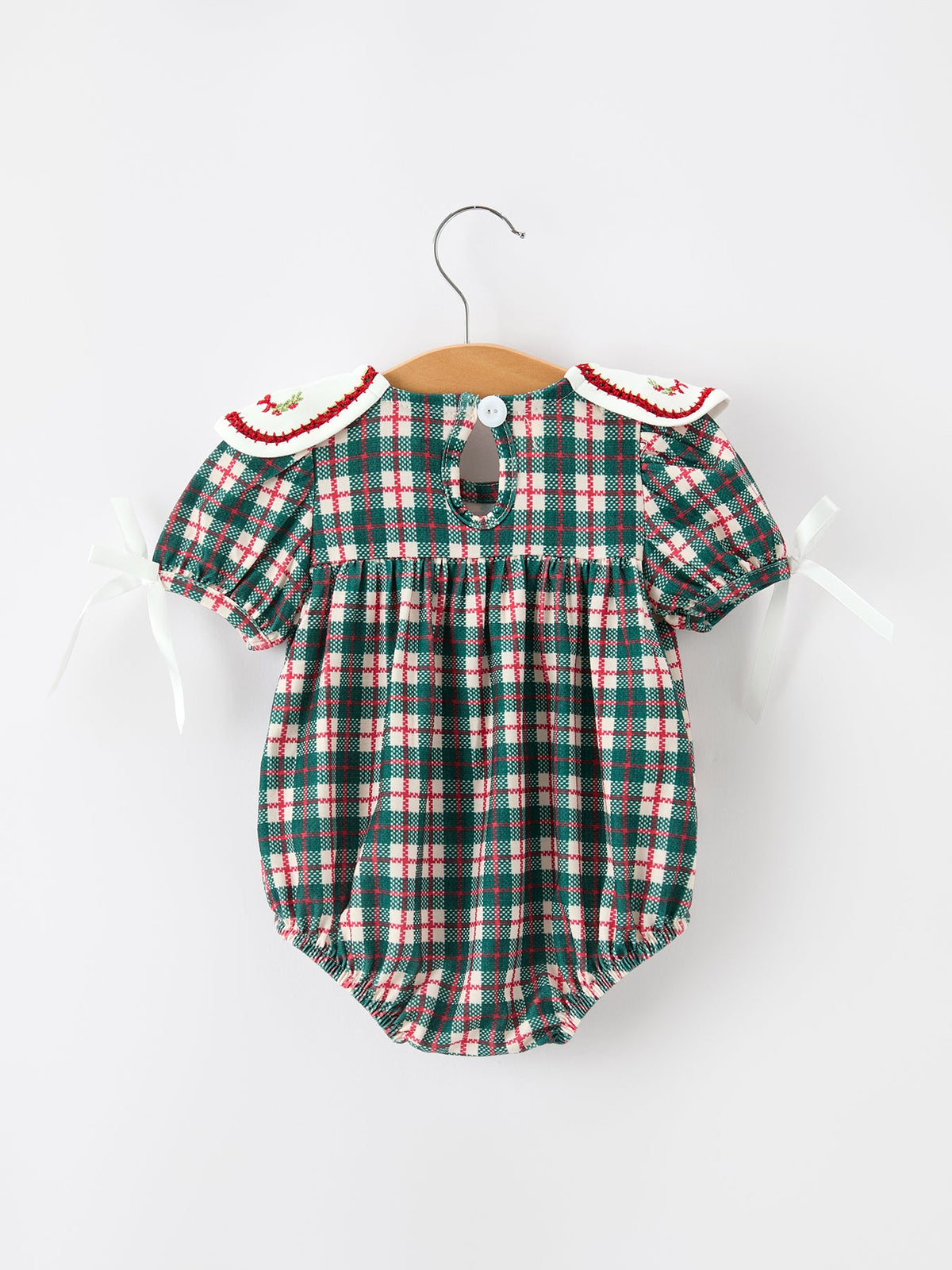 Baby Girls’ Christmas Plaid Wreath Embroidered Bubble Romper