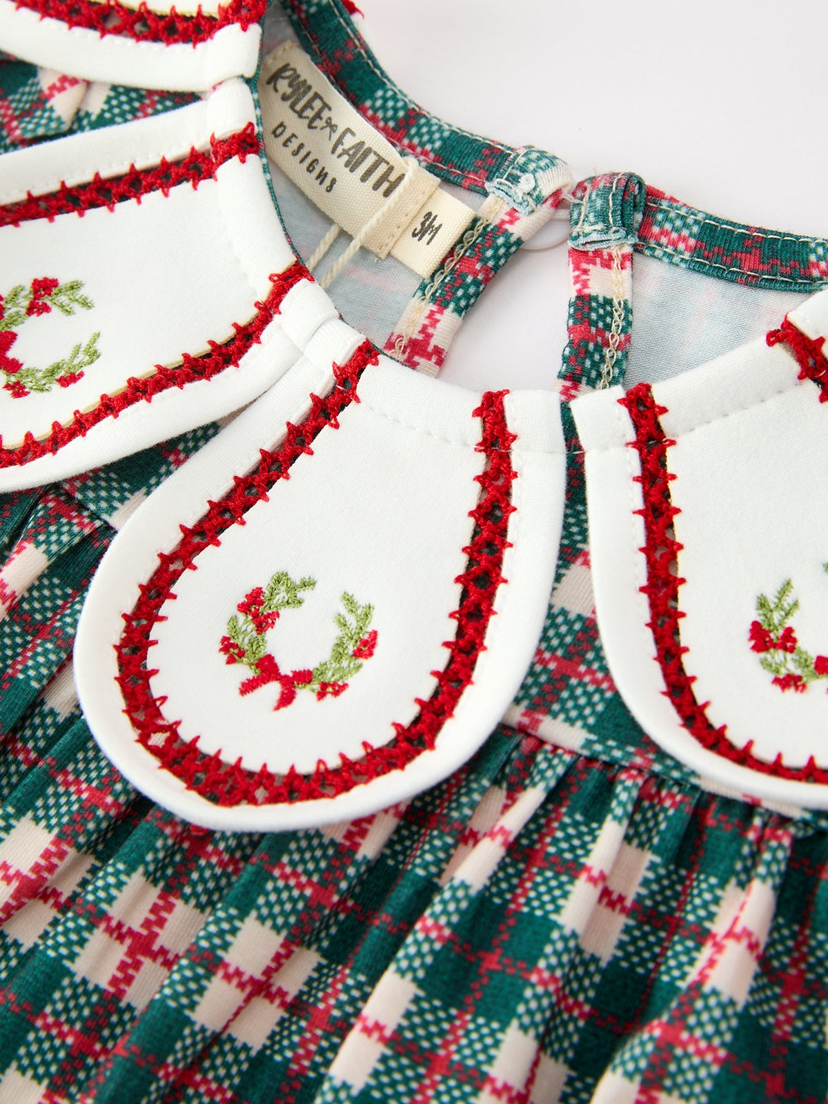 Baby Girls’ Christmas Plaid Wreath Embroidered Bubble Romper