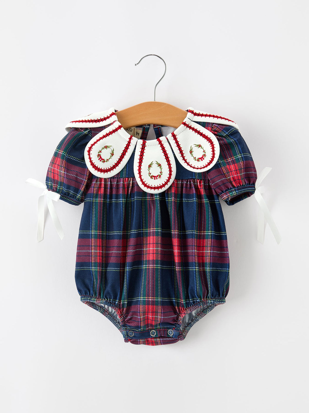 Baby Girls Navy & Red Plaid Christmas Wreath Romper