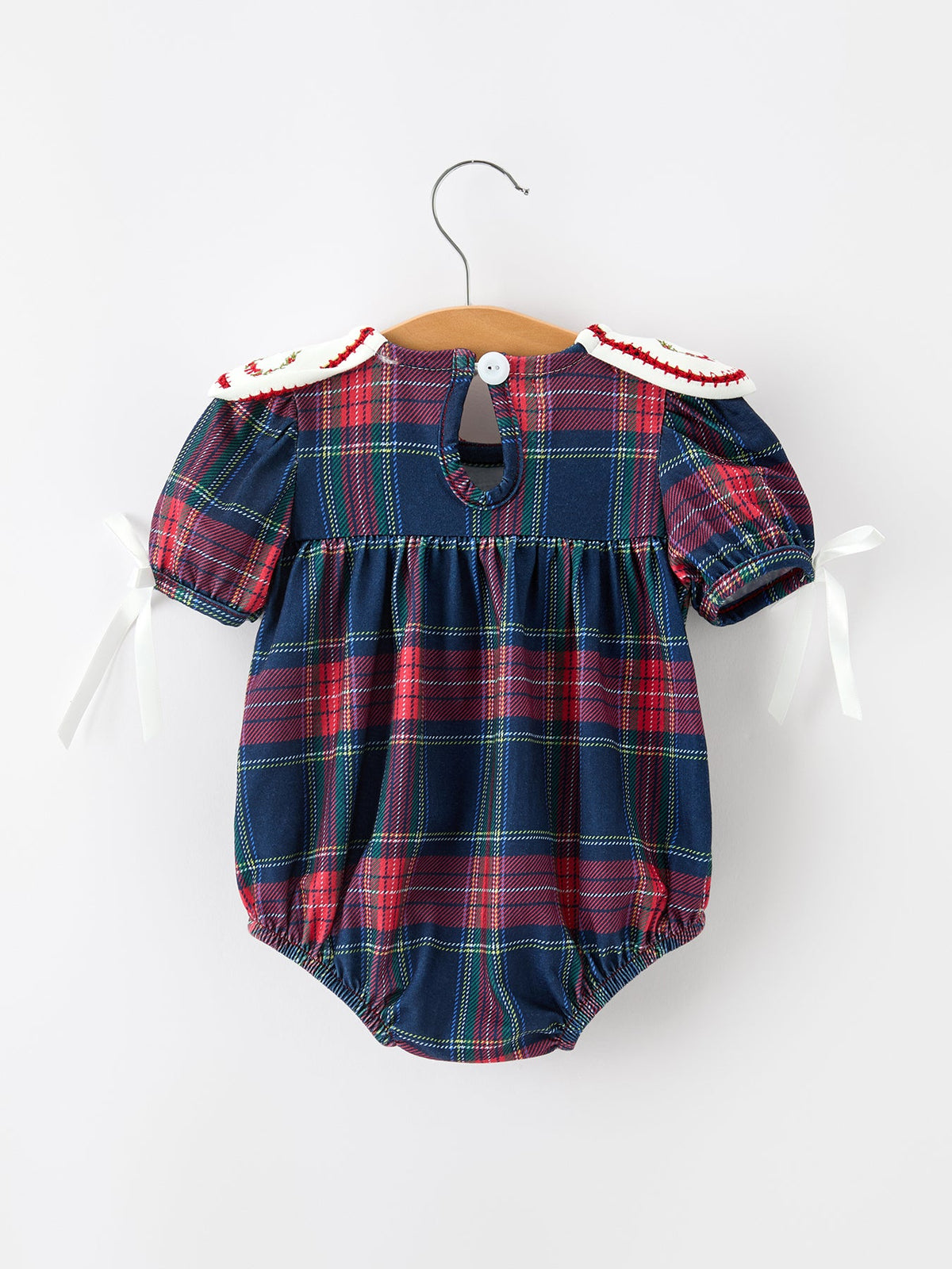 Baby Girls Navy & Red Plaid Christmas Wreath Romper