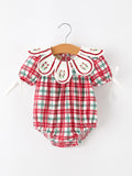 Baby Girls Red & Green Christmas Plaid Wreath Collar Romper