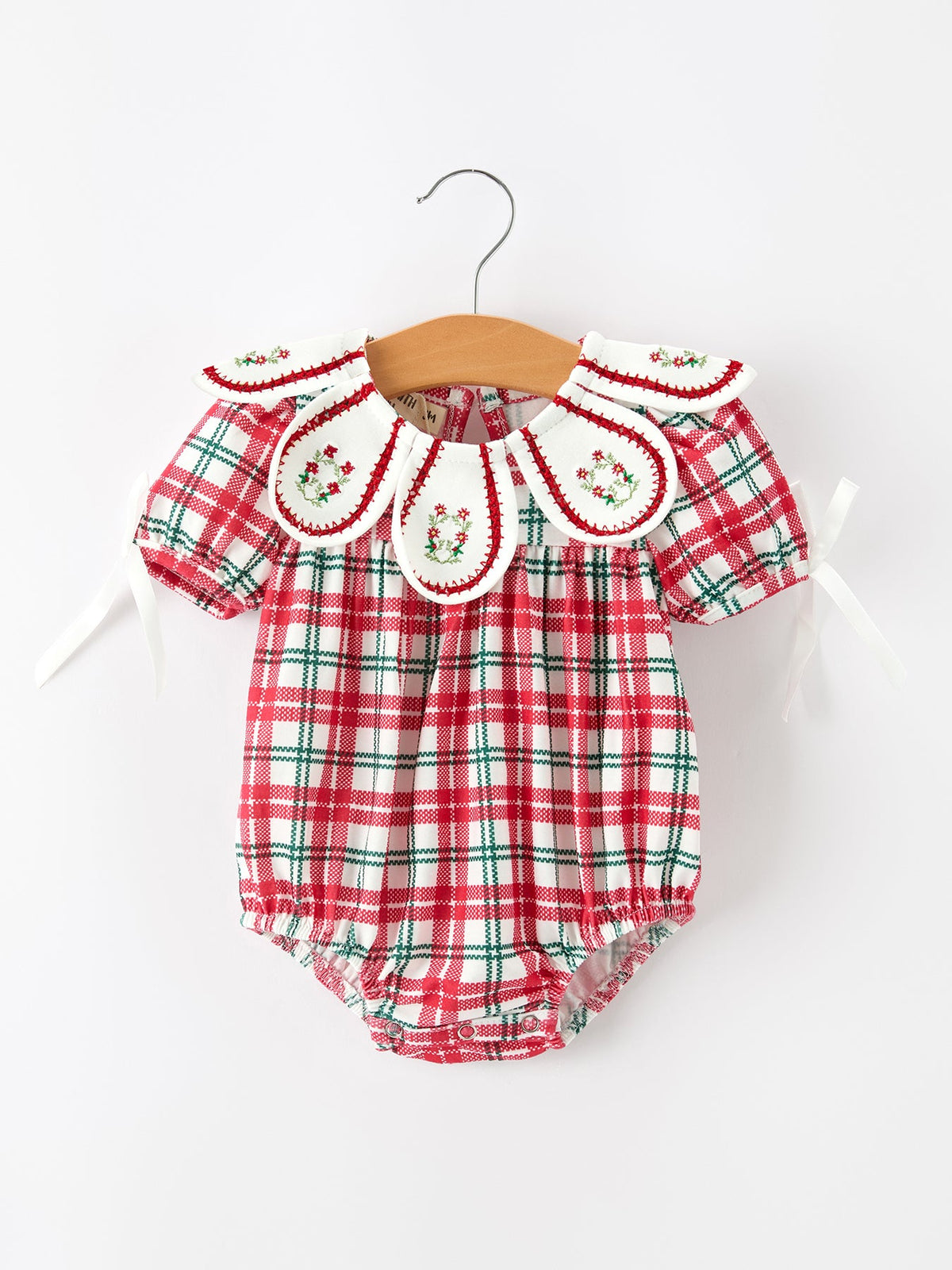 Baby Girls Red & Green Christmas Plaid Wreath Collar Romper