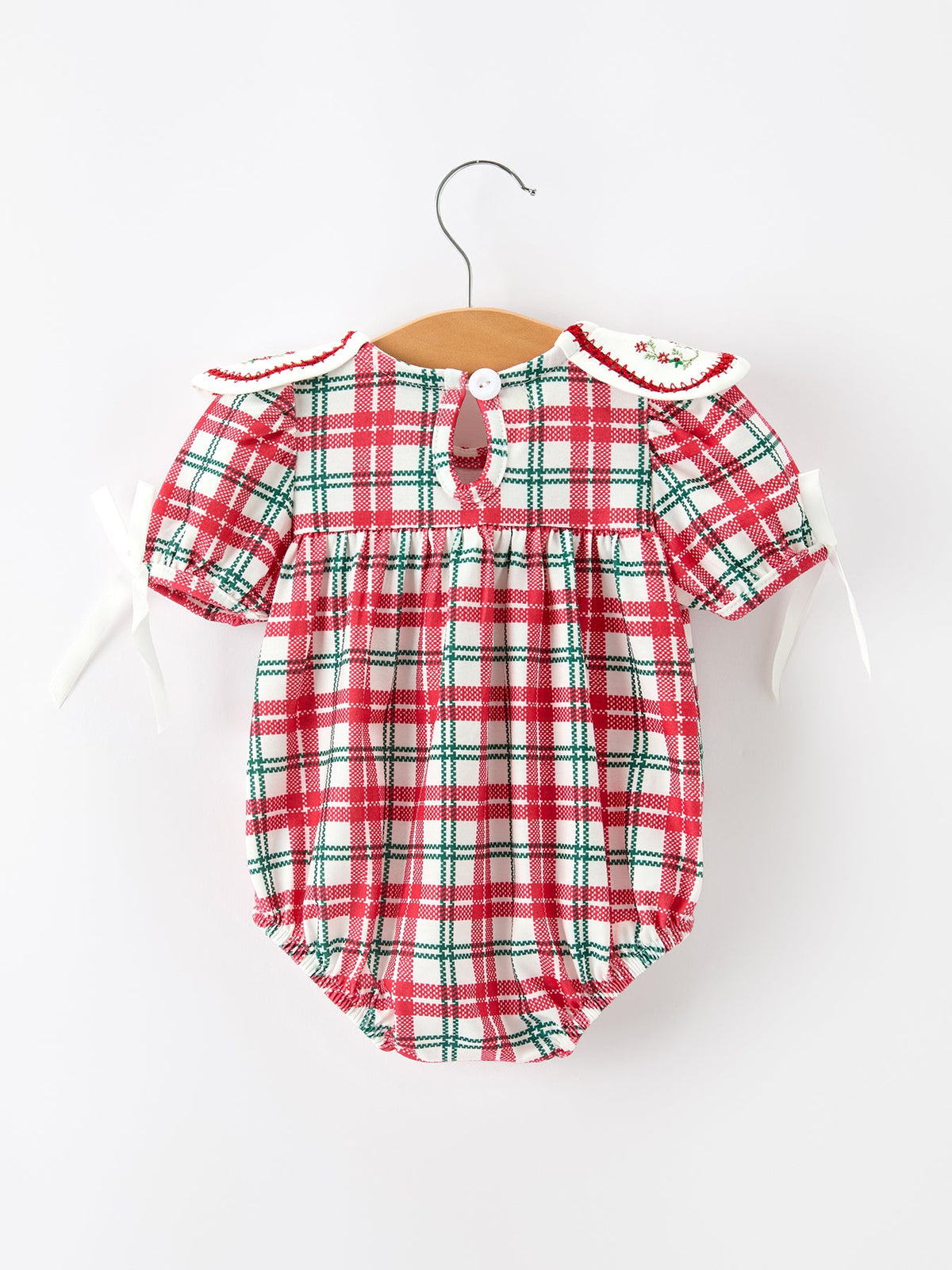 Baby Girls Red & Green Christmas Plaid Wreath Collar Romper