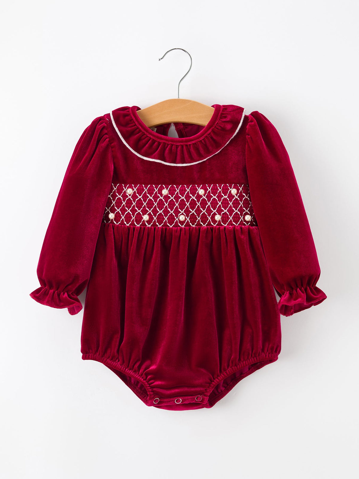 Baby Burgundy Velvet Smocked Christmas Bubble Romper