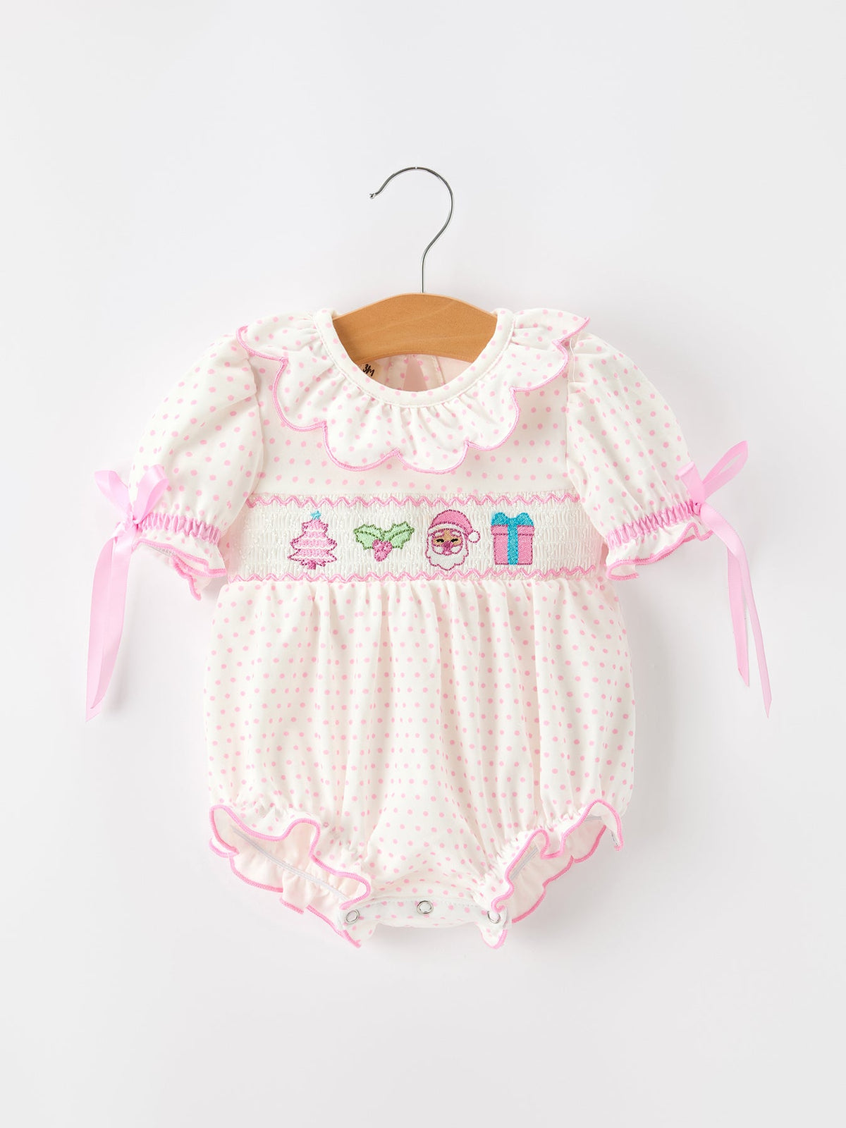 Baby Girls Christmas Smocked Romper | Ruffle Collar & Embroidery