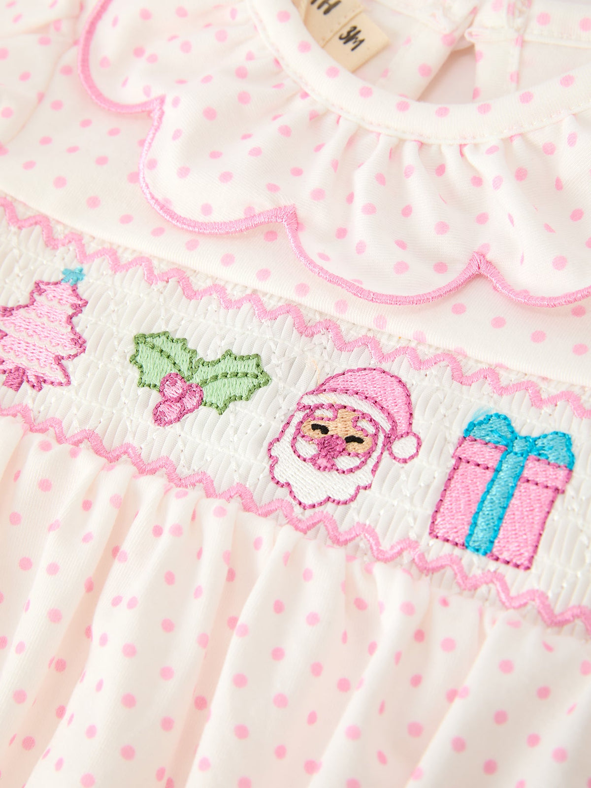 Baby Girls Christmas Smocked Romper | Ruffle Collar & Embroidery
