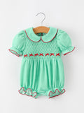 Baby Green Plaid Christmas Bubble Romper | Smocked Red Bows