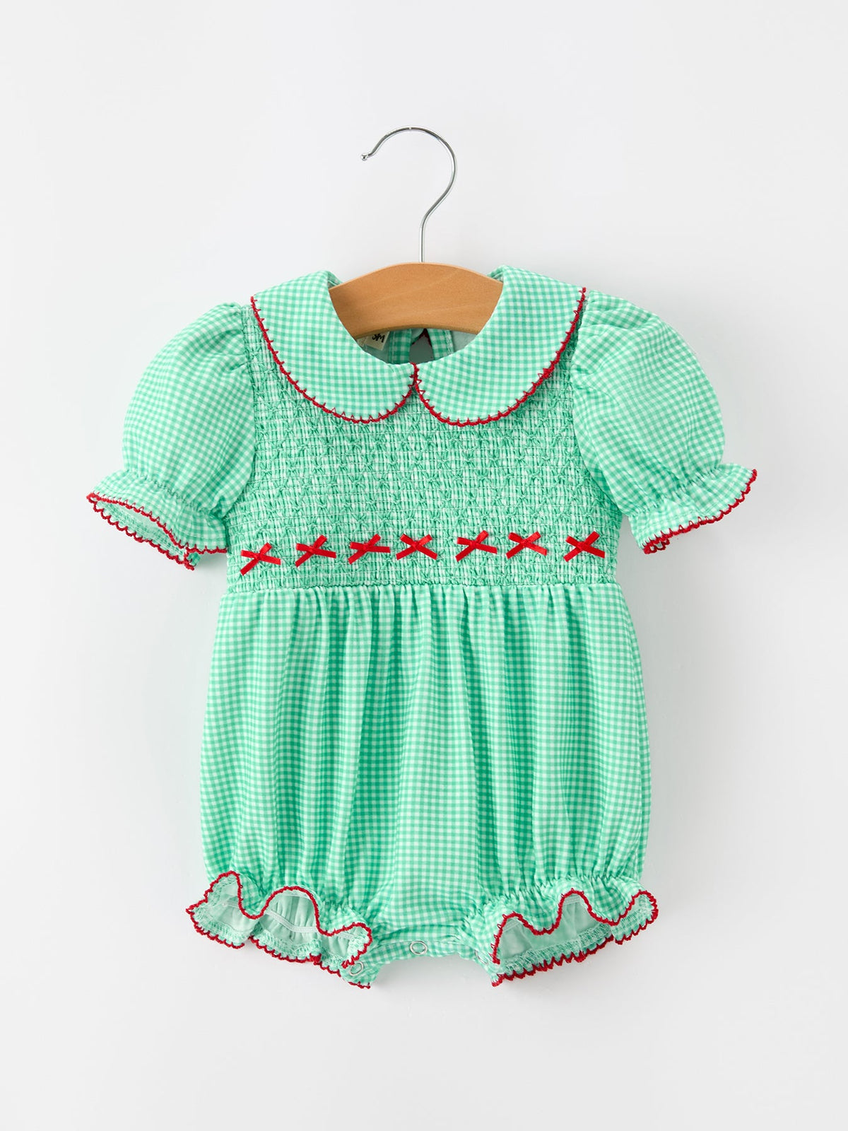 Baby Green Plaid Christmas Bubble Romper | Smocked Red Bows
