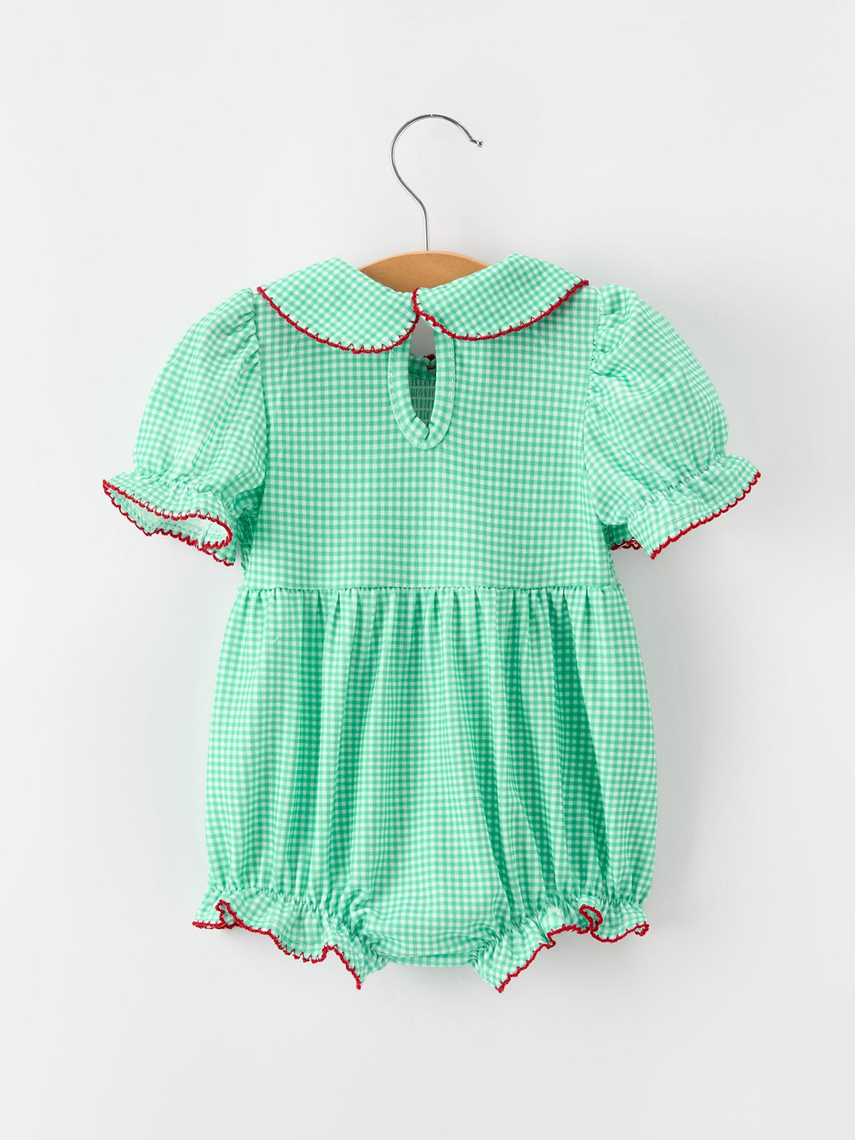 Baby Green Plaid Christmas Bubble Romper | Smocked Red Bows
