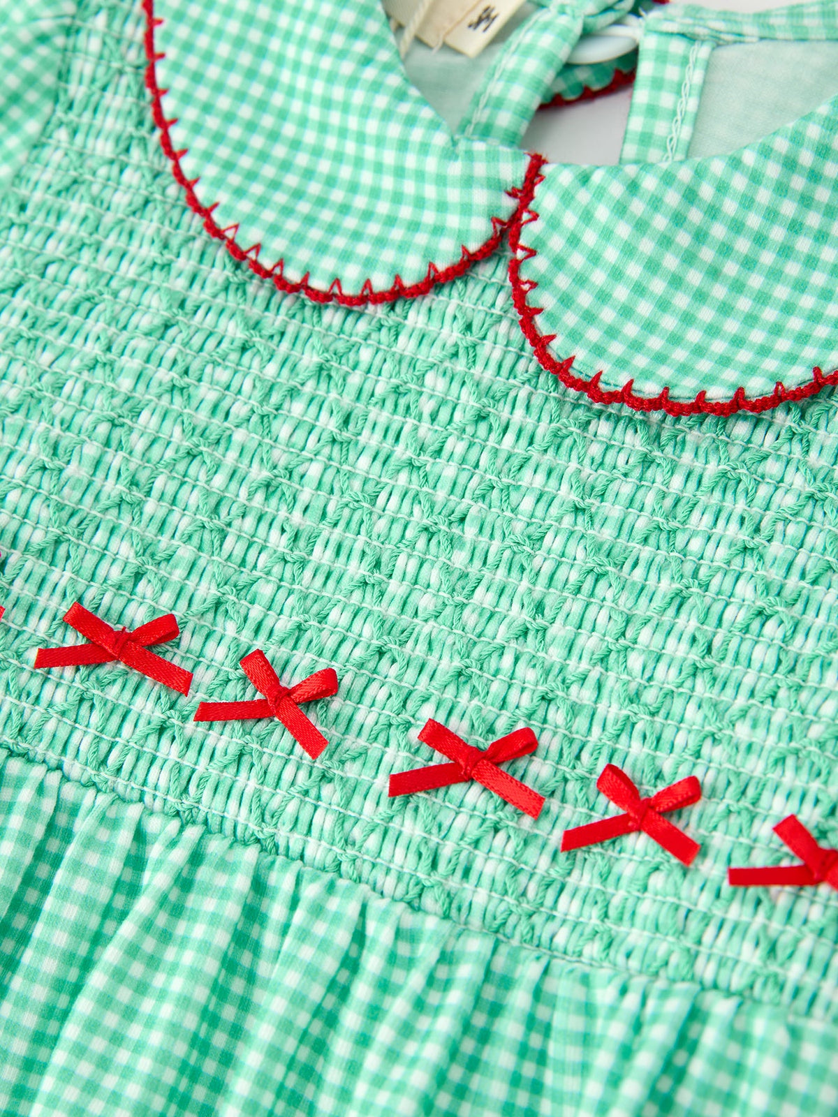 Baby Green Plaid Christmas Bubble Romper | Smocked Red Bows