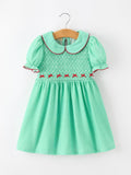 Girls' Green Plaid Smocked Christmas Dress | Red Bows & Peter Pan Collar