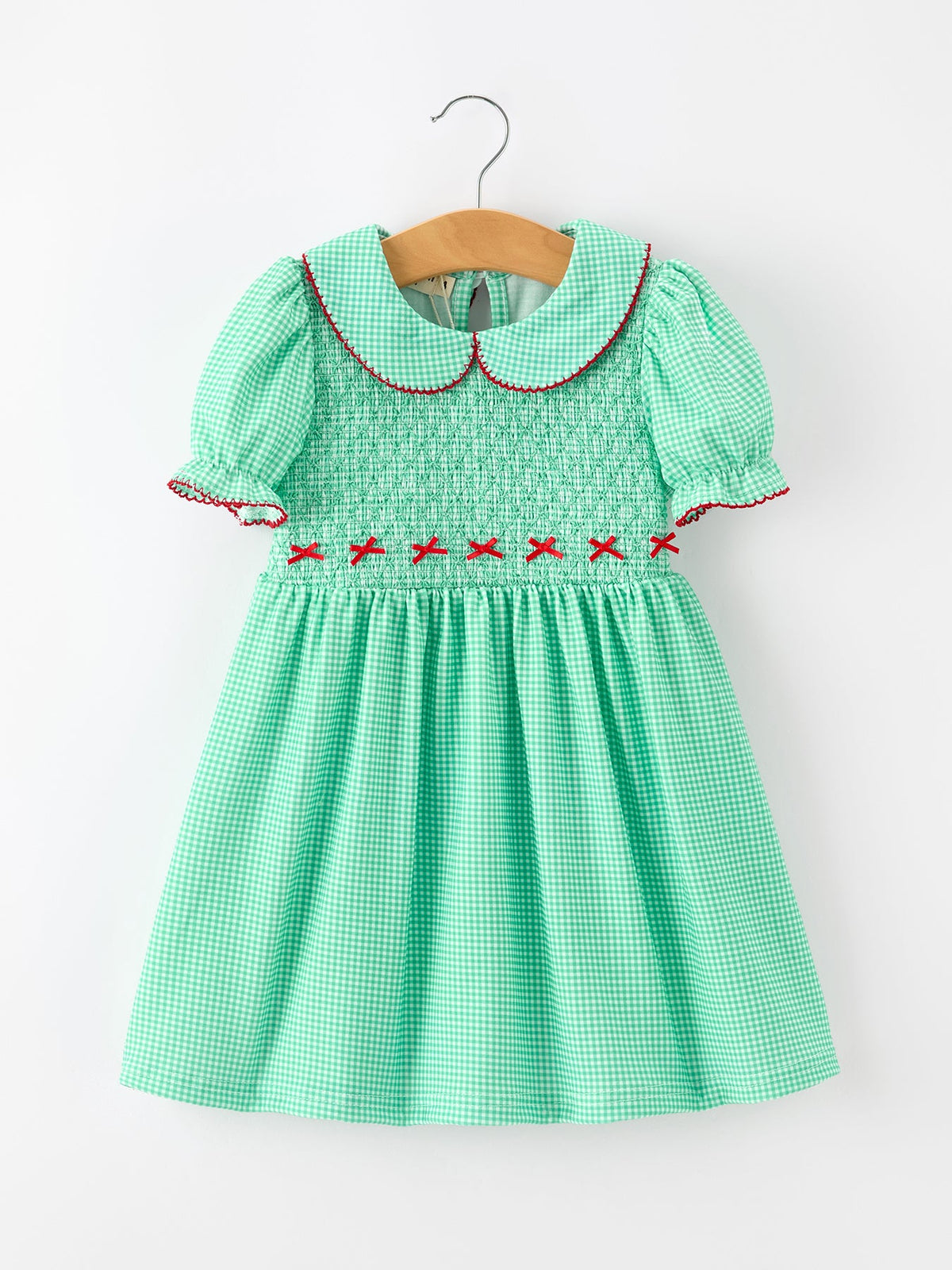 Girls' Green Plaid Smocked Christmas Dress | Red Bows & Peter Pan Collar