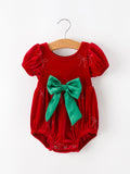 Baby Girls Christmas Red Velvet Rhinestone Bow Bubble Romper