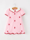 Girls' Pink Candy Cane Embroidered Christmas Dress | Peter Pan Collar