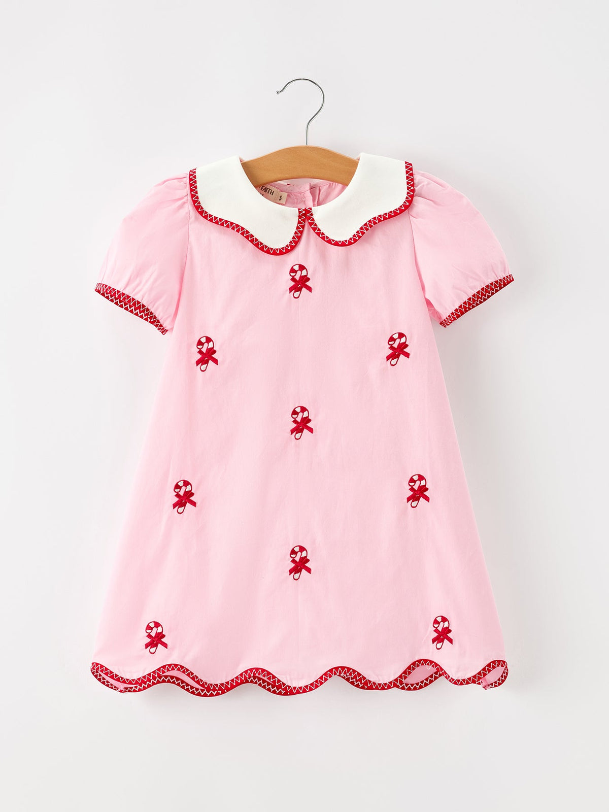 Girls' Pink Candy Cane Embroidered Christmas Dress | Peter Pan Collar