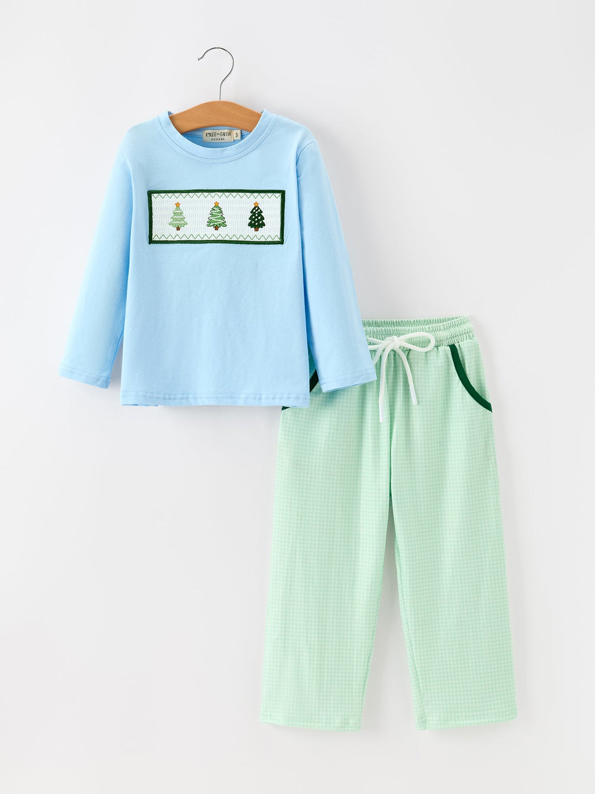 Boys' Christmas Tree Embroidered Top & Green Plaid Pants Set